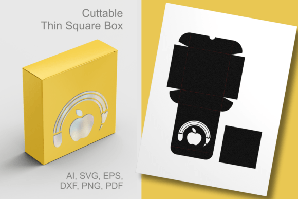 Pencil N Apple Thin Square Box Template 3D SVG for Gift Boxes